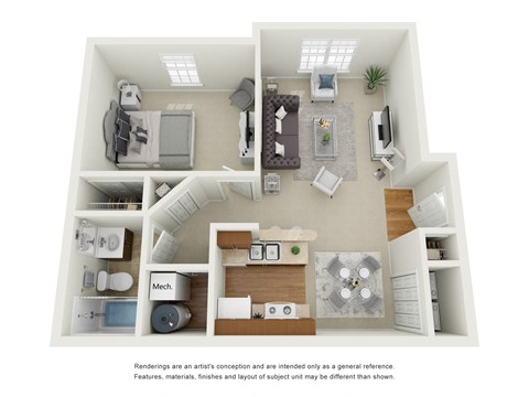 Floor plan for 1 bed, 1 bath, 678 sqft